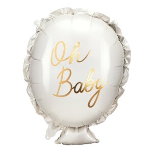 May include: White balloon with gold lettering that says "Oh Baby".