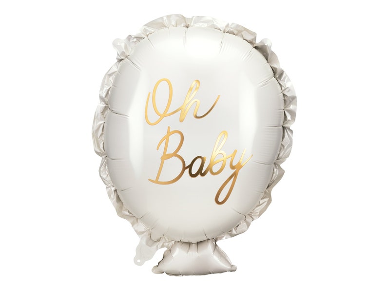 May include: White balloon with gold lettering that says "Oh Baby".