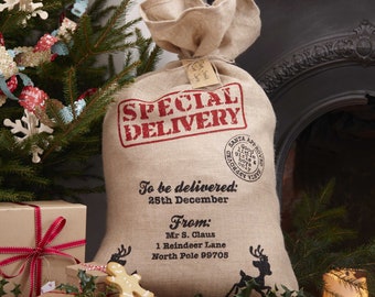 Jumbo Santa Sack from Rustic Jute Large Traditional Classic Santa Delivery Bag for Gifts Toys Festive Christmas Photo Prop Party Supply