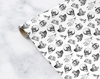 Halloween Wrapping Paper Black and White Skulls Witches Pumpkins Spooky Gift Wrap for Halloween Birthday Party Arts Crafts Scrapbooking