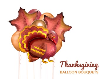May include: A Thanksgiving balloon bouquet featuring a red and gold turkey balloon, red and gold leaf balloons, and gold and brown balloons. The balloons are tied together with strings. The text "Thanksgiving Balloon Bouquets" is written below the balloons.