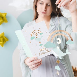 Tarjeta de felicitación para recién nacidos con regalo móvil colgante GRATIS Elegante Tiffany Blue Baby Boy Girl Felicitaciones de bienvenida Tarjeta de baby shower