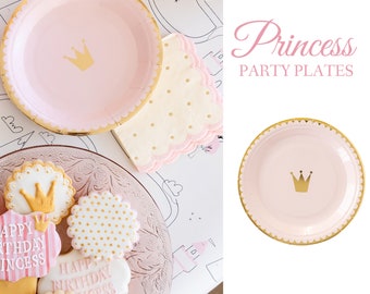 Princess Paper Plates Blush Pink Gold Crown Print Girly Elegant Tableware Dinner Cake Dessert Plates Birthday Baby Shower Barbie Royal