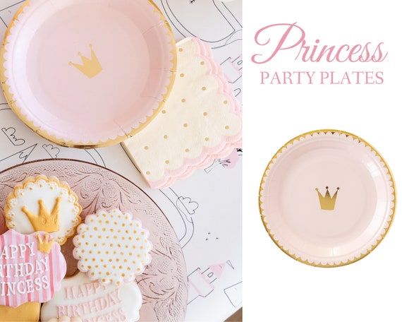 Assiettes en papier princesse rose poudré imprimé couronne girly