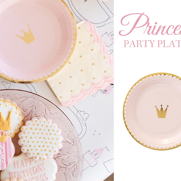 Princess Paper Plates Blush Pink Gold Crown Print Girly Elegant Tableware Dinner Cake Dessert Plates Birthday Baby Shower Barbie Royal