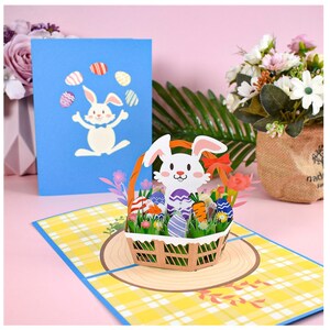 Carte de voeux de Pâques avec lapin escamotable et panier Carte fantaisiste de lapin floral printanier mignon pour enfants enseignant salle de classe échange famille