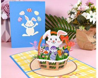 Easter Greeting Card with Pop Up Bunny and Basket Cute Spring Floral Rabbit Whimsical Card for Kids Teacher Classroom Exchange Family