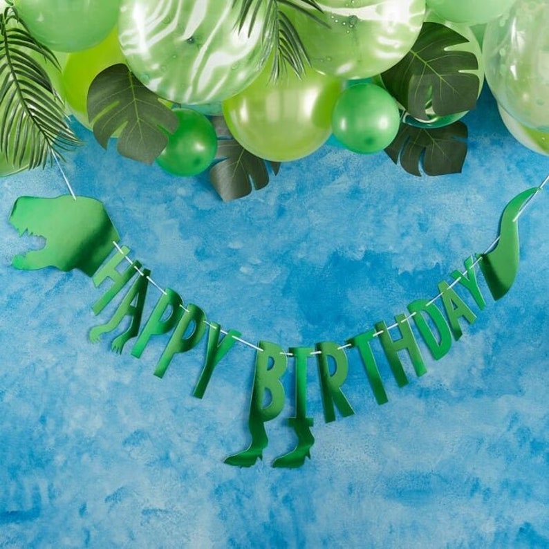 Happy Birthday Banner Green Dinosaur Garland T-rex Dino Jurassic Fun Party Theme Boys Birthday Baby Shower Bunting Roar Decoration image 1