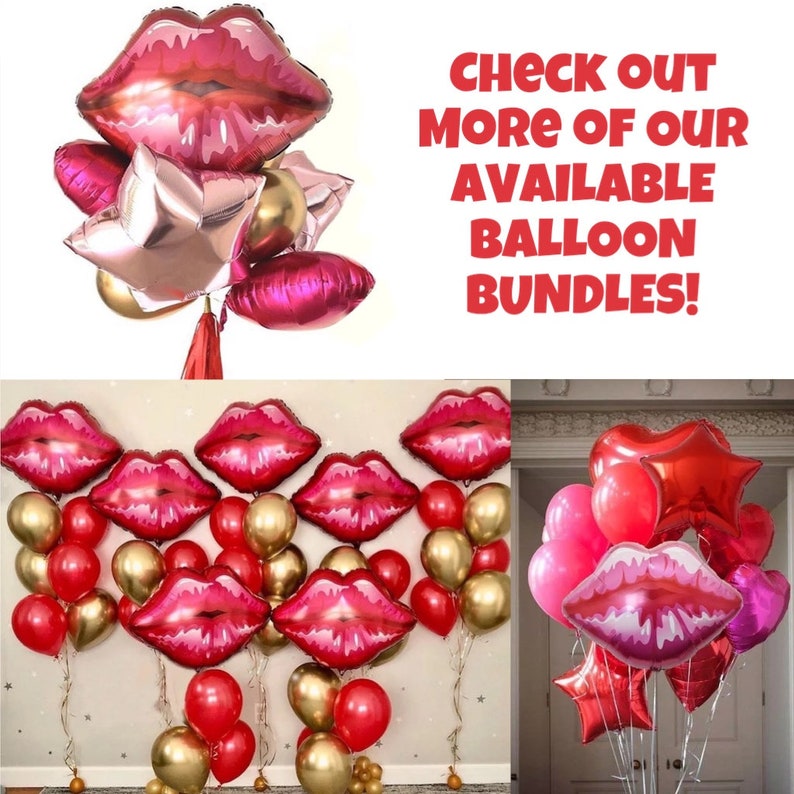 May include: A collection of red and gold balloons in the shape of lips and stars. The balloons are arranged in a cluster and are tied together with a ribbon. The text "CHECK OUT MORE OF OUR AVAILABLE BALLOON BUNDLES!" is displayed in red letters on a white background.