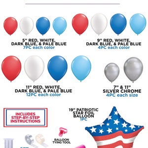 K&ouml;nnte beinhalten: Ein 1,5 Meter langes Girlanden-Set zum Dekorieren mit roten, wei&szlig;en, dunkelblauen und hellblauen Ballons. Das Set enth&auml;lt 12,7 cm, 22,9 cm und 27,9 cm gro&szlig;e Ballons sowie 17,8 cm und 27,9 cm gro&szlig;e silberne Chromballons. Au&szlig;erdem enth&auml;lt es einen 48,3 cm gro&szlig;en patriotischen Stern-Folienballon, Ballon-Bindewerkzeuge, durchsichtige Schnur, Ballonband, Klebepunkte und eine Handpumpe.
