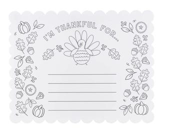 Coloring Placemat for Thanksgiving I'm Thankful For DIY Tableware Kids Party Classroom Activity Craft Sheet Fall Seasonal Dinner Serving Mat