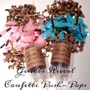 Poppers de confeti para revelar el género de él o ella, poppers de empuje para revelar el género de él o ella, poppers de confeti dorados para revelar el género de él o ella, suministros para fiestas de revelación de género