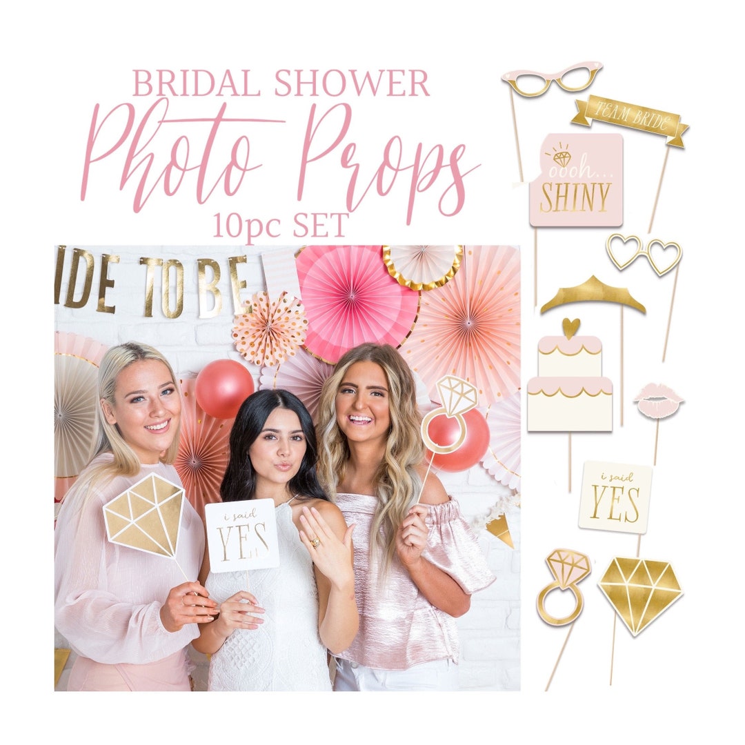 Bridal Shower Photo Prop Booth Selfie Glasses Ring Cake Crown Pink Gold
