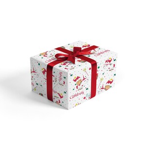 May include: A white gift box with a red ribbon and a Christmas themed wrapping paper featuring elves and unicorns. The wrapping paper has the text "Christmas Magic" printed on it.
