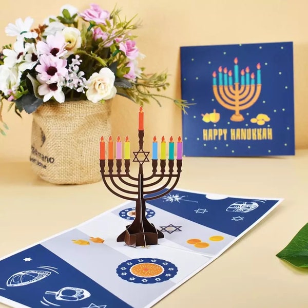 Happy Hanukkah Pop Up Greeting Card 3D Laser Cut Menorah Candle Jewish Celebration Wishes Family Friends Chanukah Greeting Card