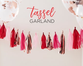 Tassel Garland in Pink Red and Rose Gold Valentine’s Day Galentine’s Day Fun Fringe Party Banner Mantel Above Table Decoration Party Supply