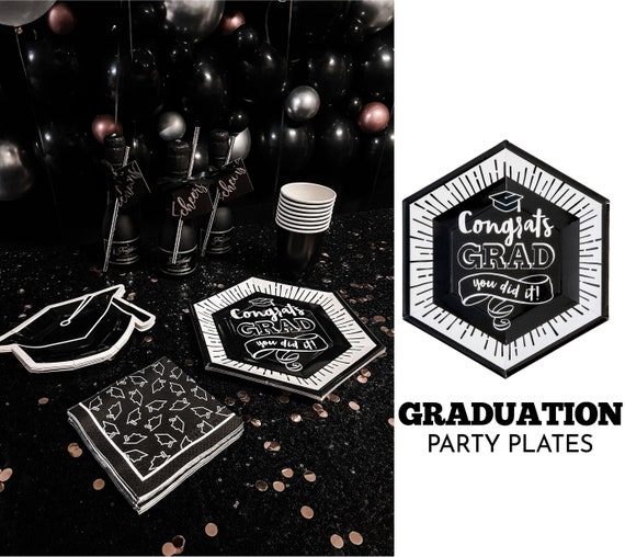 Graduation Plates Congrats Grad Black White Minimal Tableware Dessert Snacks Appetizer Cocktail