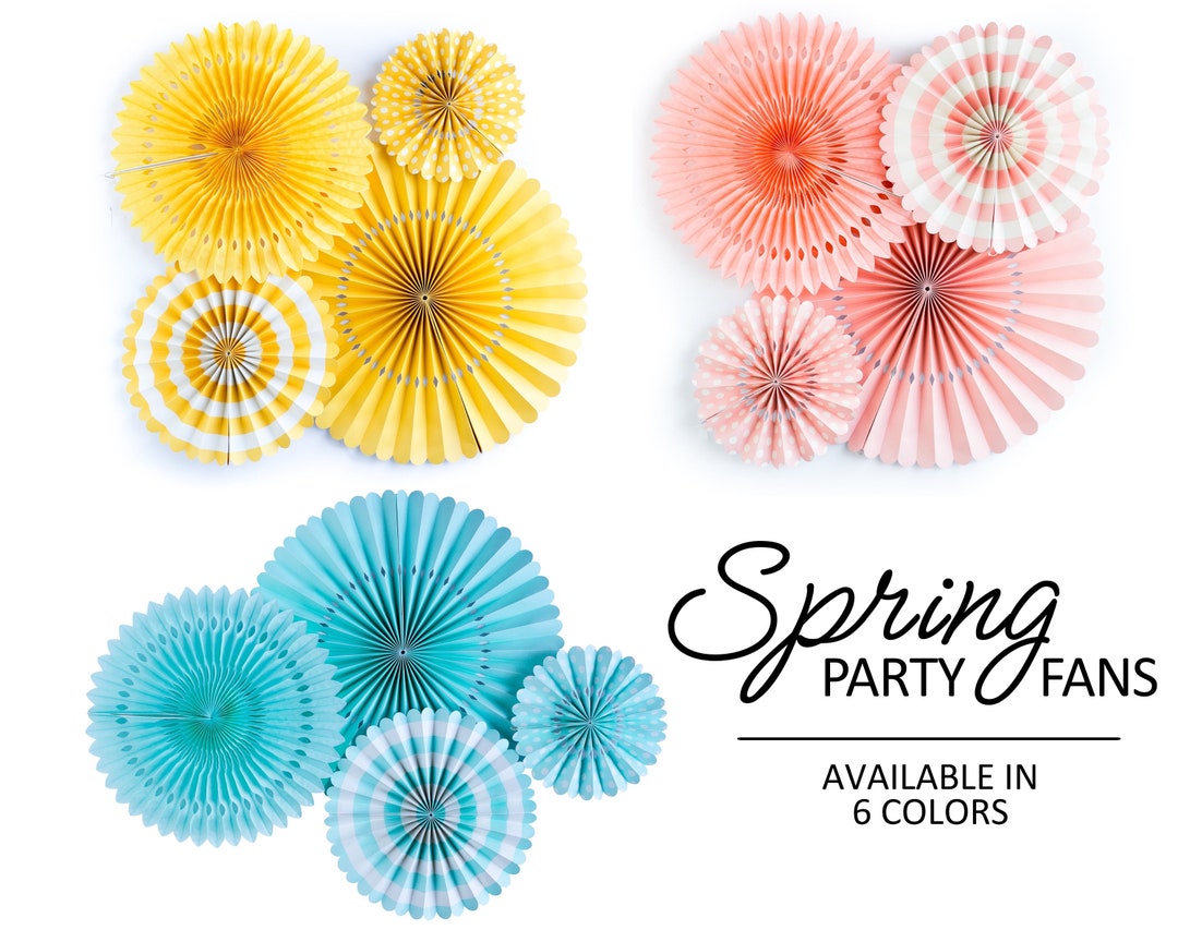 Pastel Paper Fan Set Yellow Blue Pink Polka Dot Striped Hanging Pinwheels Spring Easter Backdrop