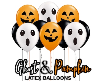 May include: A collection of latex balloons featuring orange jack-o'-lantern faces, white ghost faces, and solid black balloons. Below the balloons, the text reads Ghost & Pumpkin LATEX BALLOONS in a stylized black and orange font.