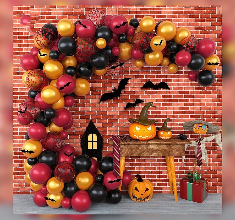 Halloween Arch Black Bats Blood Red Gold Black Confetti Balloon Bundle Horror Sinister Halloween DIY Garland Scary Party Decoration image 1