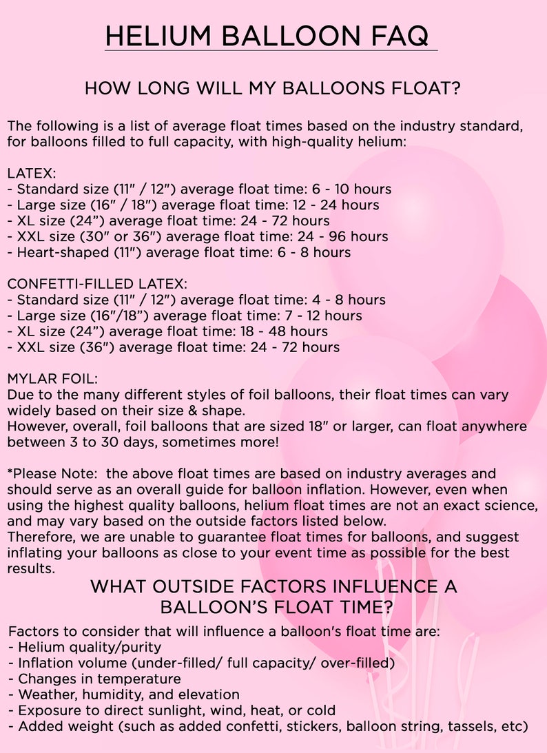 May include: A pink and white infographic with the title "Helium Balloon FAQ" and the text "How Long Will My Balloons Float?"  The infographic lists the average float times for latex and confetti-filled latex balloons of different sizes. It also includes information about mylar foil balloons and factors that influence a balloon's float time.
