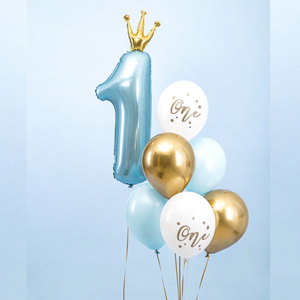 Little Prince Birthday Decoration NUMBER ONE Crown Blue White Gold Balloon Bundle Boy First Bday Photo Prop Party Supply Gift Bouquet