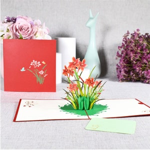 Daffodil Pop Up Greeting Card Red Glitter Wildflower 3D Celebration Card Mother's Day Teacher Anniversary Valentine's Day Wedding