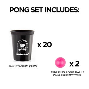 Juego de cumpleaños Pong RIP Youth Black Plastic Cups and Pink Ball Party Entertainment Drinking Game Adultos 30 40 50 60 Suministro de cumpleaños imagen 4