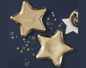 Gold Star Paper Plates Shiny Foil Celestial Tableware Dinner Dessert Cake Plates Twinkle Baby Shower Party Supply