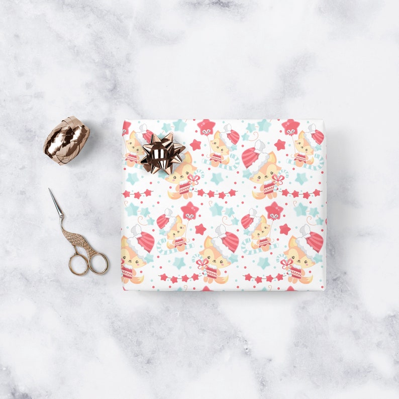 May include: White wrapping paper with a repeating pattern of cute cartoon foxes wearing Santa hats and holding presents. The foxes are surrounded by red and blue stars, candy canes, and a string of white lights.