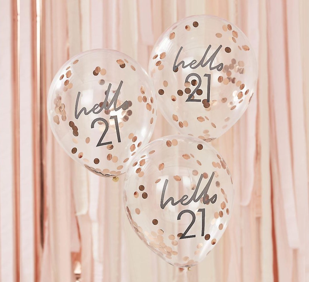 Hello 21 Birthday Balloon Bouquet Rose Gold Confetti Filled Girls