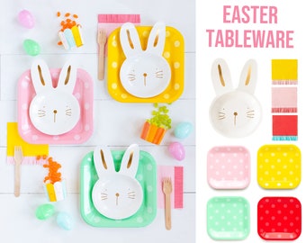 Easter Tableware Set Bunny Polka Dot Plates Fringe Napkins Festive Colorful Spring Dinnerware Cake Main Course Party Supply