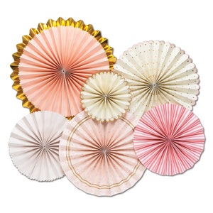 Hanging Paper Fans Set Pink Cream and Gold Round Folding Rosette