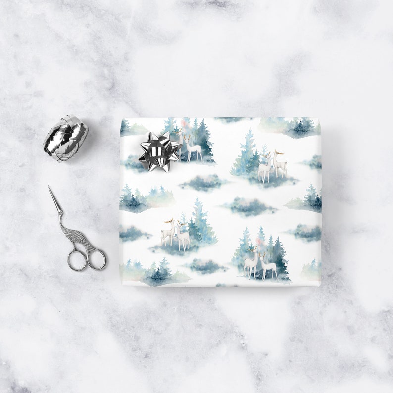 Woodland Gift Wrapping Paper Watercolor Winter Forest Reindeer Christmas Festive Artistic Present Packaging Sheet Roll Holiday Wrapper Bild 2