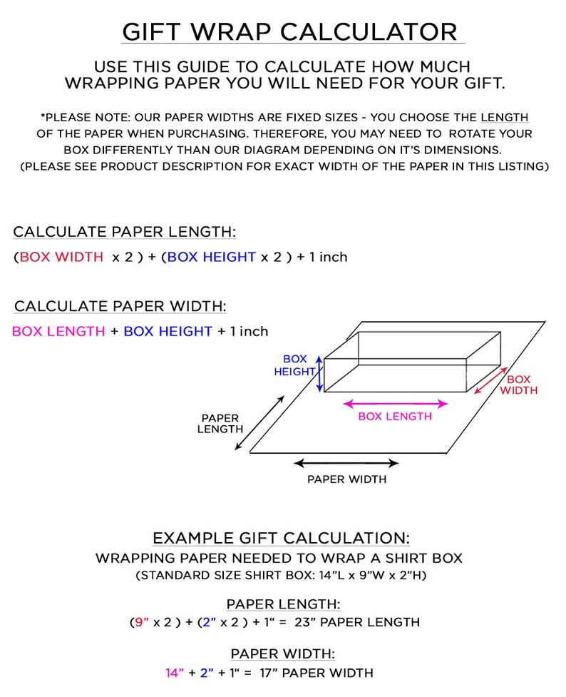 May include: A diagram showing how to calculate the amount of wrapping paper needed for a gift. The diagram shows a box with the dimensions labeled: box length, box width, and box height. The diagram also shows the paper length and paper width. The text below the diagram provides an example calculation for wrapping a shirt box.