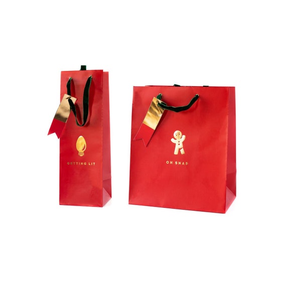 Christmas Paper Bag Tall Bottle Wine Bag Red Gold Xmas Party Favor Gift Goodies Bag Getting Lit Oh Snap Festive Funny Present Packaging