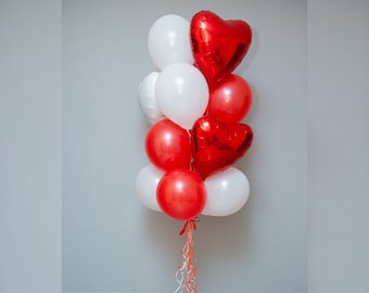 Heart Shape Balloon Bouquet in Red and White Party Bundle Love Gift for Her Valentine Wedding Shop Classroom Entryway Decoration Supply
