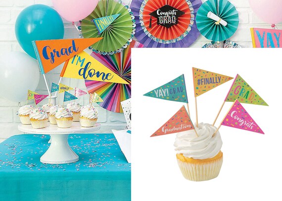 Graduation Cupcake Toppers Grad Celebration Flags Food Snack Donut Pick Congrats Yay Finally Cheerful Dessert Decoration Party Supply Il_570xn