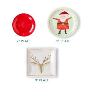 May include: A set of three festive paper plates. A red 7-inch plate with "noel" in gold script, a 9-inch plate with a Santa Claus design, and a 9-inch square plate with a reindeer illustration.