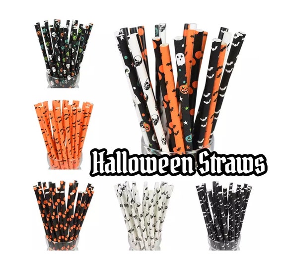Halloween Paper Straws ASSORTED DESIGNS Orange Black Striped Drinkware Bats Skulls Skeleton Spooky Scary Tableware Biodegradable Il_570xn