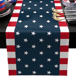 May include: A patriotic table runner featuring a navy blue center with white stars and red and white striped borders. The runner is made of a textured fabric and is designed to decorate a dining table.