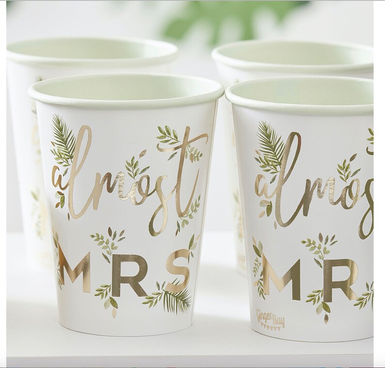 Almost Mrs Paper Cups Gold Green Foil Floral Bridal Shower Bride To Be Bachelorette Hen Party Decor Botanical Leaf Disposable Tableware