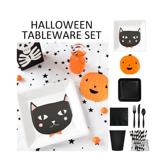 Halloween Tableware Set Black Cat Plates Orange Pumpkin Napkins Black Cutlery Straws Cups Spooky Cute Table Decoration Party Supply Il_570xn