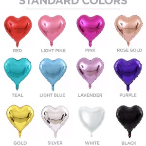 May include: A set of 12 heart-shaped balloons in various colors, including red, light pink, pink, rose gold, teal, light blue, lavender, purple, gold, silver, white, and black. The balloons are arranged in a grid pattern with the color name written below each balloon.
