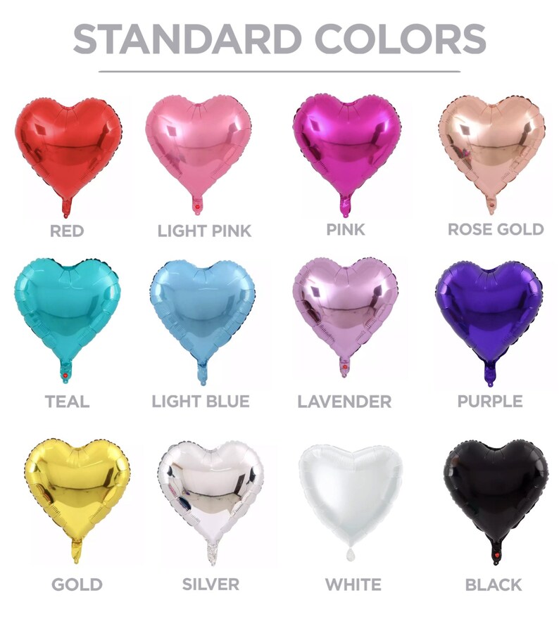 May include: A set of 12 heart-shaped balloons in various colors, including red, light pink, pink, rose gold, teal, light blue, lavender, purple, gold, silver, white, and black. The balloons are arranged in a grid pattern with the color name written below each balloon.