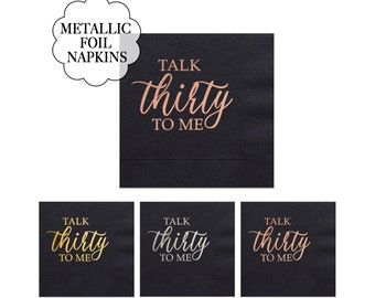 Talk Thirty To Me Napkins Rose Gold Text Foil 30 Birthday Party Black Minimalist Beverage Tissues Black Pink 3ply