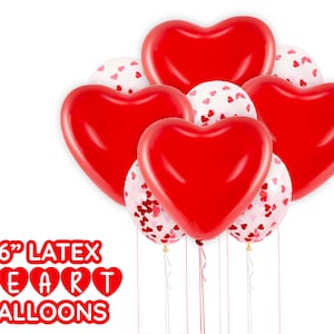 May include: A bunch of 16 inch red and white latex heart balloons. The balloons have a confetti design with small red hearts on a white background.