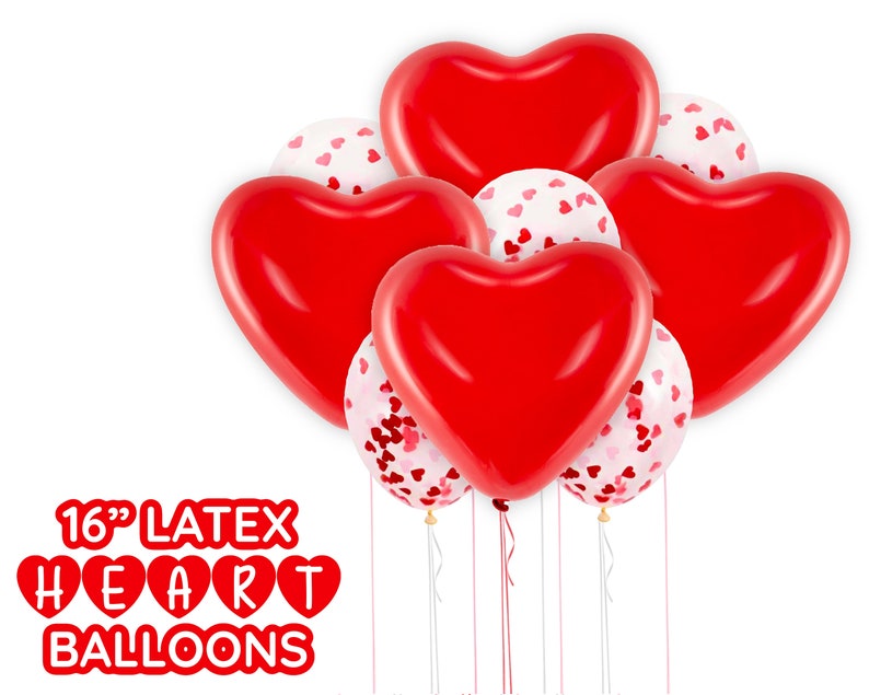 May include: A bunch of 16 inch red and white latex heart balloons. The balloons have a confetti design with small red hearts on a white background.