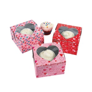 Cupcake Boxes for Valentine’s Day Red Pink Hearts Single Individual Cupcake Packaging with Display Window Cookie Candy Party Favor Gift Box