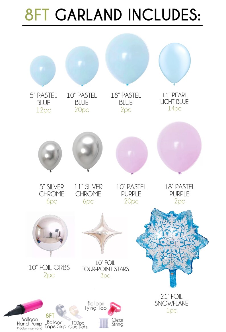 Puede incluir: Un kit de guirnalda de 2,4 metros para una fiesta de tem&aacute;tica invernal. El kit incluye una variedad de globos de diferentes tama&ntilde;os y colores, incluyendo azul pastel, azul claro perlado, cromo plateado, morado pastel y orbes de l&aacute;mina. El kit tambi&eacute;n incluye estrellas de cuatro puntas, un copo de nieve, una herramienta para atar globos, una bomba de mano, cinta, puntos de pegamento y cuerda transparente.